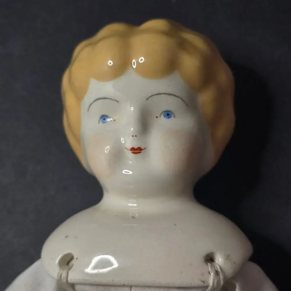 Antique German China Head Doll Lowbrow Boots porcelain arms legs Cloth Body 11